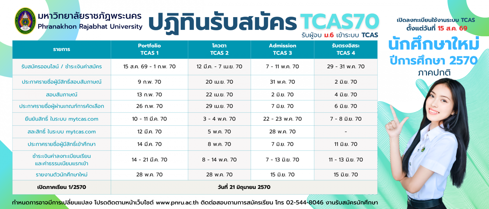 ปฏิทินรับสมัคร ภาคปกติ TCAS70
