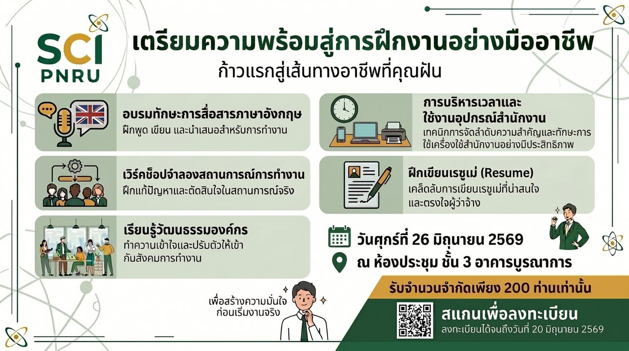 ขอเชิญชวนนักศึกษาคณะวิทยาศาสตร์และเทคโนโลยี ชั้นปีที่ 3 - 4 เข้าร่วมกิจกรรม “การเตรียมความพร้อมสู่การฝึกงานแบบมืออาชีพ” 
